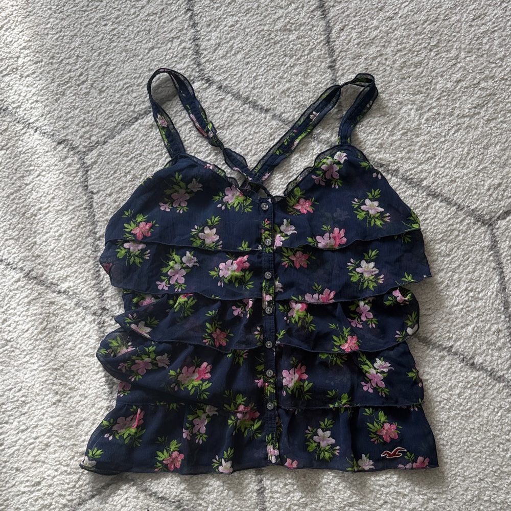 Y2K Hollister Button Front Floral Ruffle Navy Tank Top